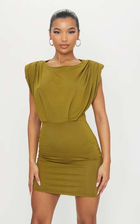 ROBE MOULANTE VERT OLIVE À FRONCES ET ÉPAULETTES