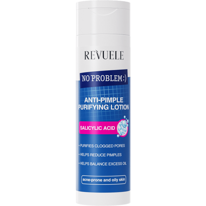 No Problem Lotion Purifiante Anti-Boutons Revuele La Revuele No Problem Anti-Pimple Purifying Lotion Salicylic Acid est une lotion exfoliante infusée du puissant acide salicylique. Cela garantit que les cellules mortes de la peau sont efficacement éliminées et que les pores obstrués appartiennent au passé.