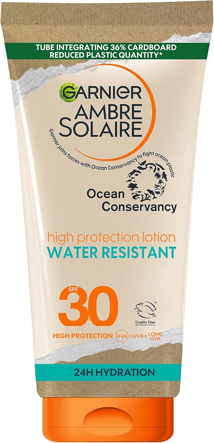 Garnier crème solaire spf30 Garnier Ambre Solaire SPF 30 Lotion crème solaire haute protection résistante à l'eau, facteur de protection solaire élevé 30, crème solaire non collante, protection UVA et UVB, approuvée