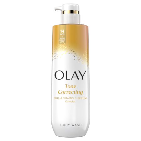 • Gel douche Olay BHA et Vitamine C - flacon dégradé or sur fond blanc