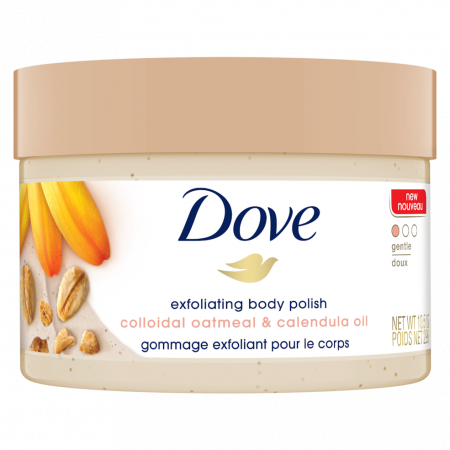 Révélez votre éclat grâce à la formule nourrissante du gommage corporel exfoliant doux Dove à l'avoine colloïdale et à l'huile de calendula.