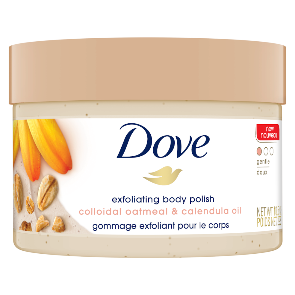 Gommage corporel exfoliant doux à l'avoine colloïdale et à l'huile de calendula Révélez votre éclat grâce à la formule nourrissante du gommage corporel exfoliant doux Dove à l'avoine colloïdale et à l'huile de calendula.