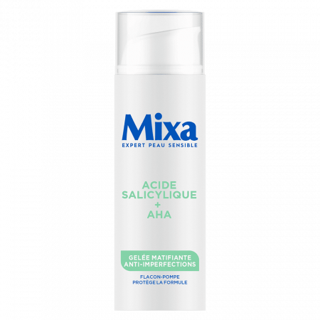 NOUVEAU : Gelée Matifiante Anti-Imperfections au duo d’actifs complémentaires : l’Acide Salicylique et l’AHA. Cliniquement prouvé, cette gelée réduit la visibilité des pores, diminue l’excès de sébum et matifie la peau pendant 8h*. Hypoallergénique. Formulé sous contrôle médical. Découvrez la routine complète Mixa ! Cette gelée est compatible avec les sérums et nettoyants de la gamme Mixa. *Test instrumental sur 24 sujets