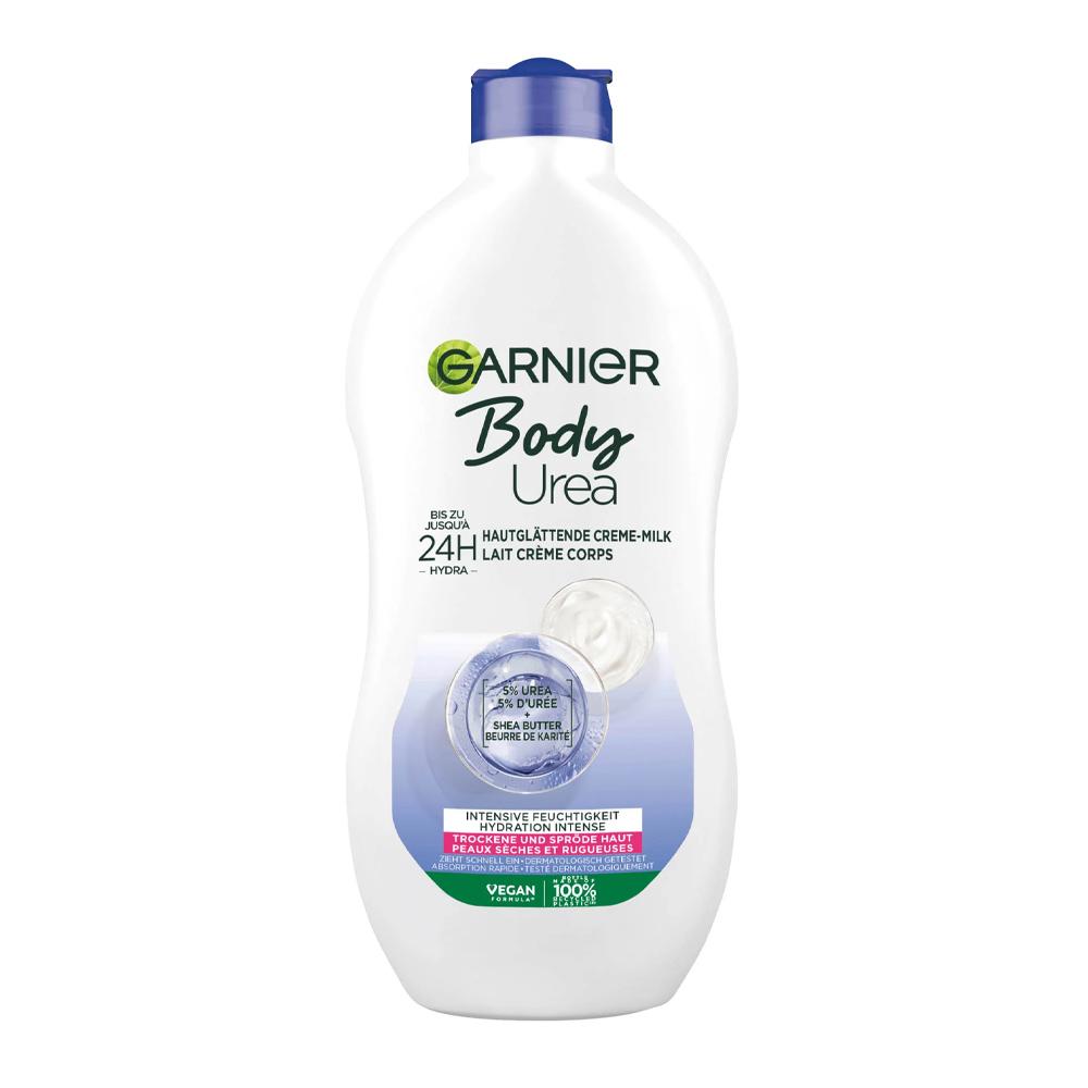 Optez pour la lotion corps de la marque Garnier ! 400ml Jusqu'à 24h Lait crème corps Peaux sèches et rugueuses Hydratation intense 100% Vegan